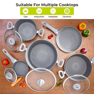 Royalford RF9555 Smart Granite 9 PCS Forged Aluminium Cookware Set with Lids | Durable Design | Marble Coated Interior | 3.8mm Induction Base | Soft Touch Handles