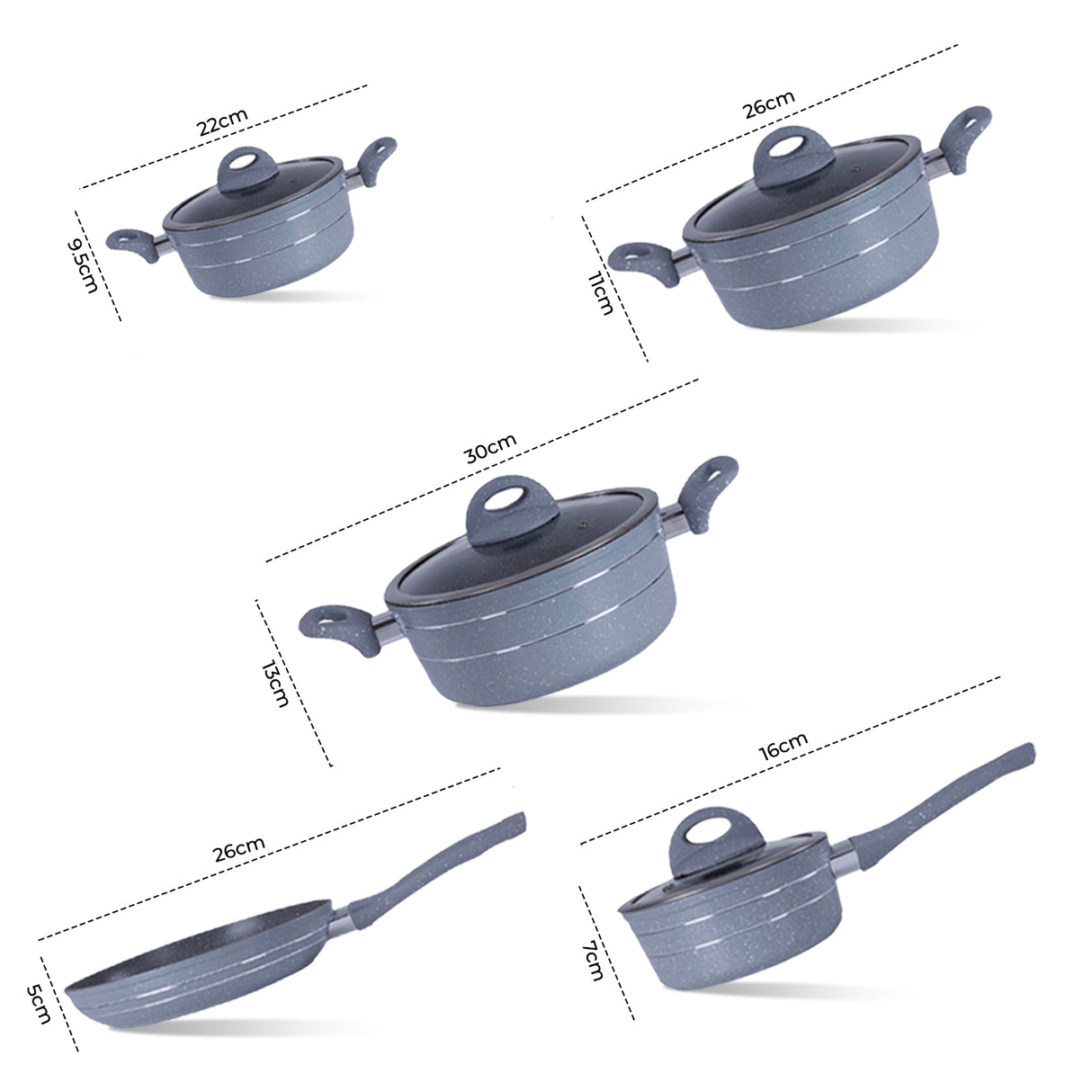 Royalford RF9555 Smart Granite 9 PCS Forged Aluminium Cookware Set with Lids | Durable Design | Marble Coated Interior | 3.8mm Induction Base | Soft Touch Handles