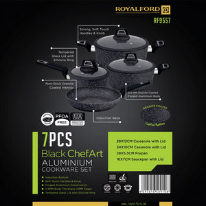 Royalford RF9557 7PCS Black ChefArt  Aluminium Cookware Set | Induction Base | 2.5MM Body Thickness | Tempered Glass Lids and Soft Touch Handles for All Cooktops