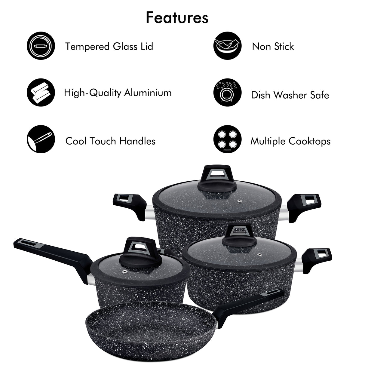 Royalford RF9557 7PCS Black ChefArt  Aluminium Cookware Set | Induction Base | 2.5MM Body Thickness | Tempered Glass Lids and Soft Touch Handles for All Cooktops