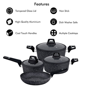 Royalford RF9557 7PCS Black ChefArt  Aluminium Cookware Set | Induction Base | 2.5MM Body Thickness | Tempered Glass Lids and Soft Touch Handles for All Cooktops