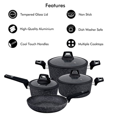 Royalford RF9557 7PCS Black ChefArt  Aluminium Cookware Set | Induction Base | 2.5MM Body Thickness | Tempered Glass Lids and Soft Touch Handles for All Cooktops