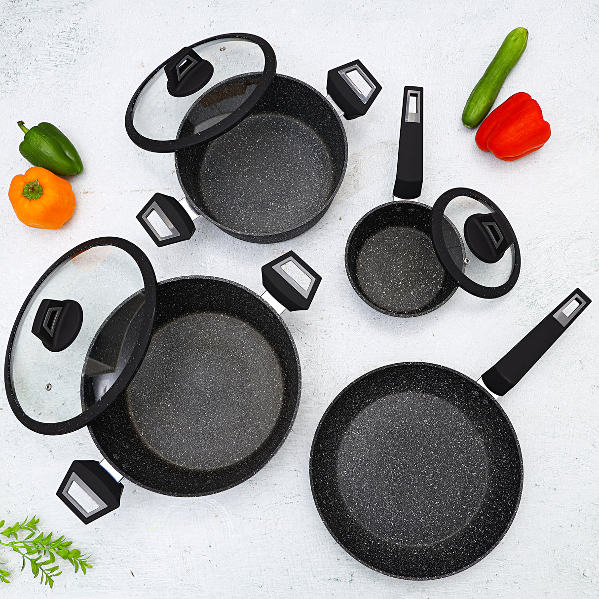 Royalford RF9557 7PCS Black ChefArt  Aluminium Cookware Set | Induction Base | 2.5MM Body Thickness | Tempered Glass Lids and Soft Touch Handles for All Cooktops