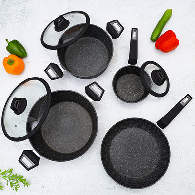Royalford RF9557 7PCS Black ChefArt  Aluminium Cookware Set | Induction Base | 2.5MM Body Thickness | Tempered Glass Lids and Soft Touch Handles for All Cooktops