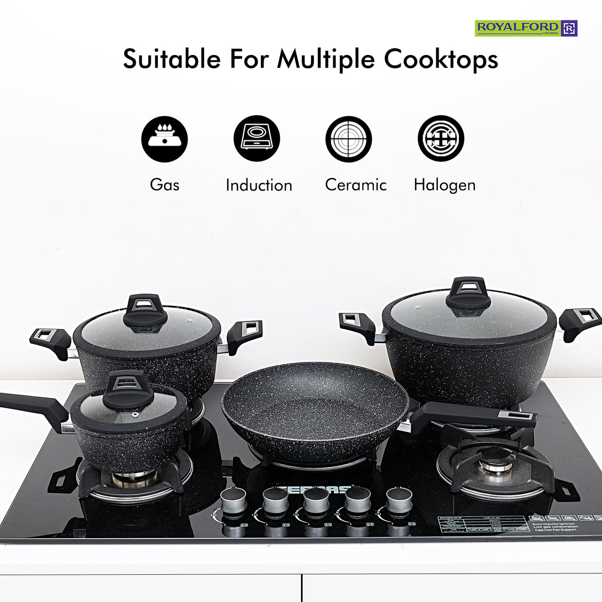 Royalford RF9557 Chef Art Aluminium Cookware Set, 7 Pieces, Black, Scratch Resistant, Tempered Glass Lids with Silicone Ring, 2.5MM Body Thickness, Bakelite Knobs