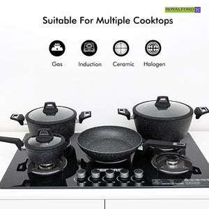 Royalford RF9557 Chef Art Aluminium Cookware Set, 7 Pieces, Black, Scratch Resistant, Tempered Glass Lids with Silicone Ring, 2.5MM Body Thickness, Bakelite Knobs