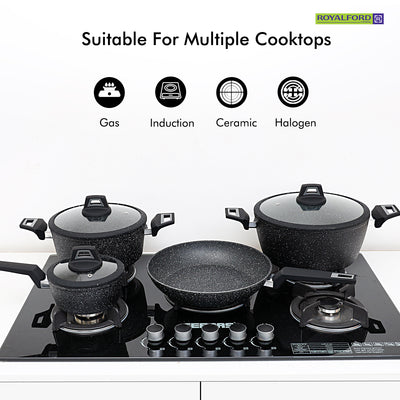 Royalford RF9557 Chef Art Aluminium Cookware Set, 7 Pieces, Black, Scratch Resistant, Tempered Glass Lids with Silicone Ring, 2.5MM Body Thickness, Bakelite Knobs