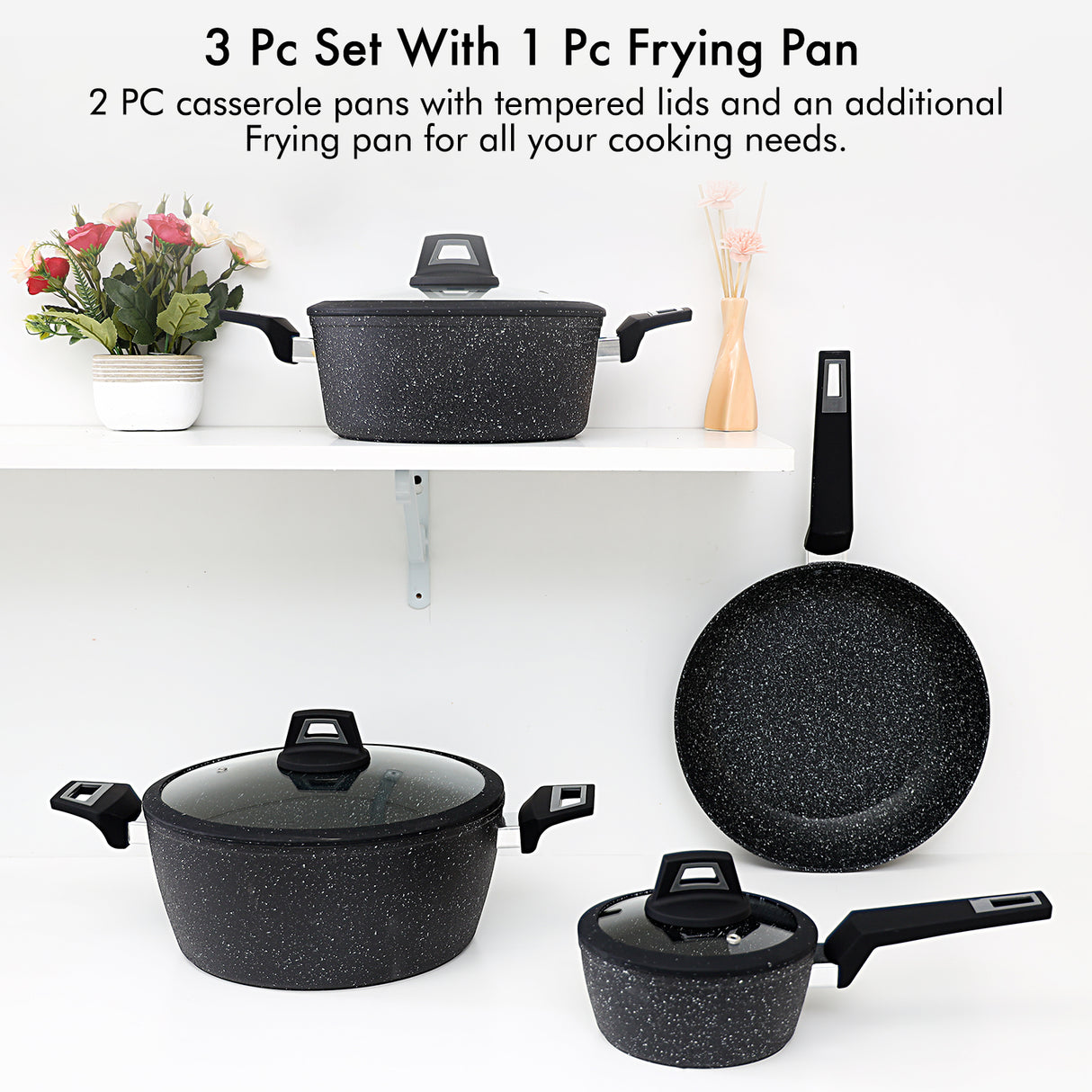 Royalford RF9557 Chef Art Aluminium Cookware Set, 7 Pieces, Black, Scratch Resistant, Tempered Glass Lids with Silicone Ring, 2.5MM Body Thickness, Bakelite Knobs