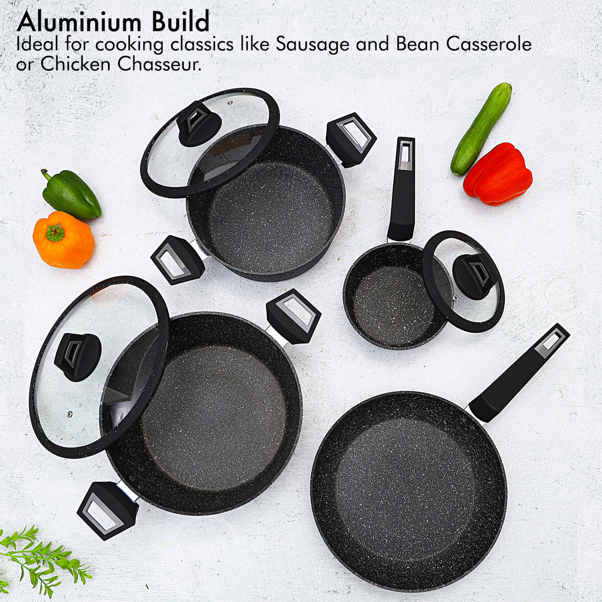Royalford RF9557 Chef Art Aluminium Cookware Set, 7 Pieces, Black, Scratch Resistant, Tempered Glass Lids with Silicone Ring, 2.5MM Body Thickness, Bakelite Knobs