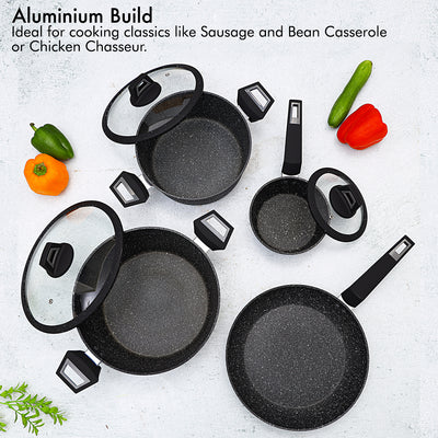Royalford RF9557 Chef Art Aluminium Cookware Set, 7 Pieces, Black, Scratch Resistant, Tempered Glass Lids with Silicone Ring, 2.5MM Body Thickness, Bakelite Knobs