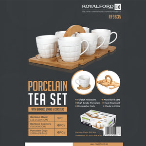 Royalford RF9635 Porcelain Tea Set | Bamboo Stand and Coasters 6 Cups High-Grade Porcelain Tea Cups | Scratch Resistant | Elegant Wooden Holder for Home Serving