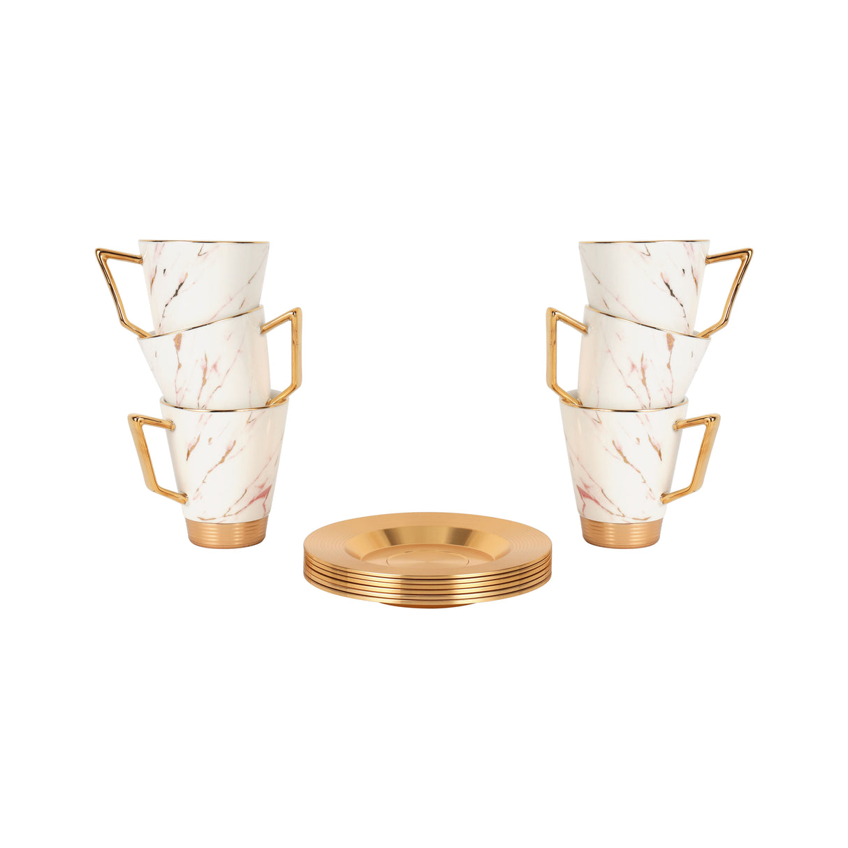 Royalford RF9640 12 Pcs Porcelain Tea Set | 6 Cups & 6 Saucers | Premium Porcelain with Gold Finish | Heat-Resistant | Scratch-Resistant | Elegant Marble Design