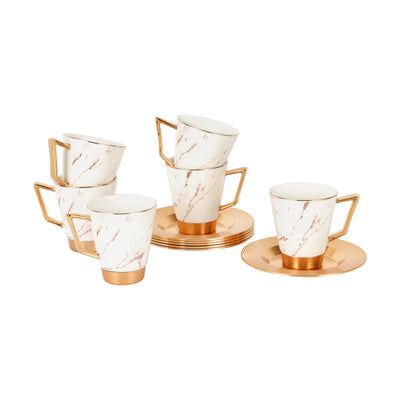 Royalford RF9640 12 Pcs Porcelain Tea Set | 6 Cups & 6 Saucers | Premium Porcelain with Gold Finish | Heat-Resistant | Scratch-Resistant | Elegant Marble Design