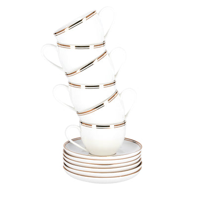 Royalford RF9653 6PCS Bone China Cup & Saucer Set | 220ml Capacity | Pearl White Finish with Elegant Golden Rim |  Durable & extra chip-resistant  Tea & Coffee Cups