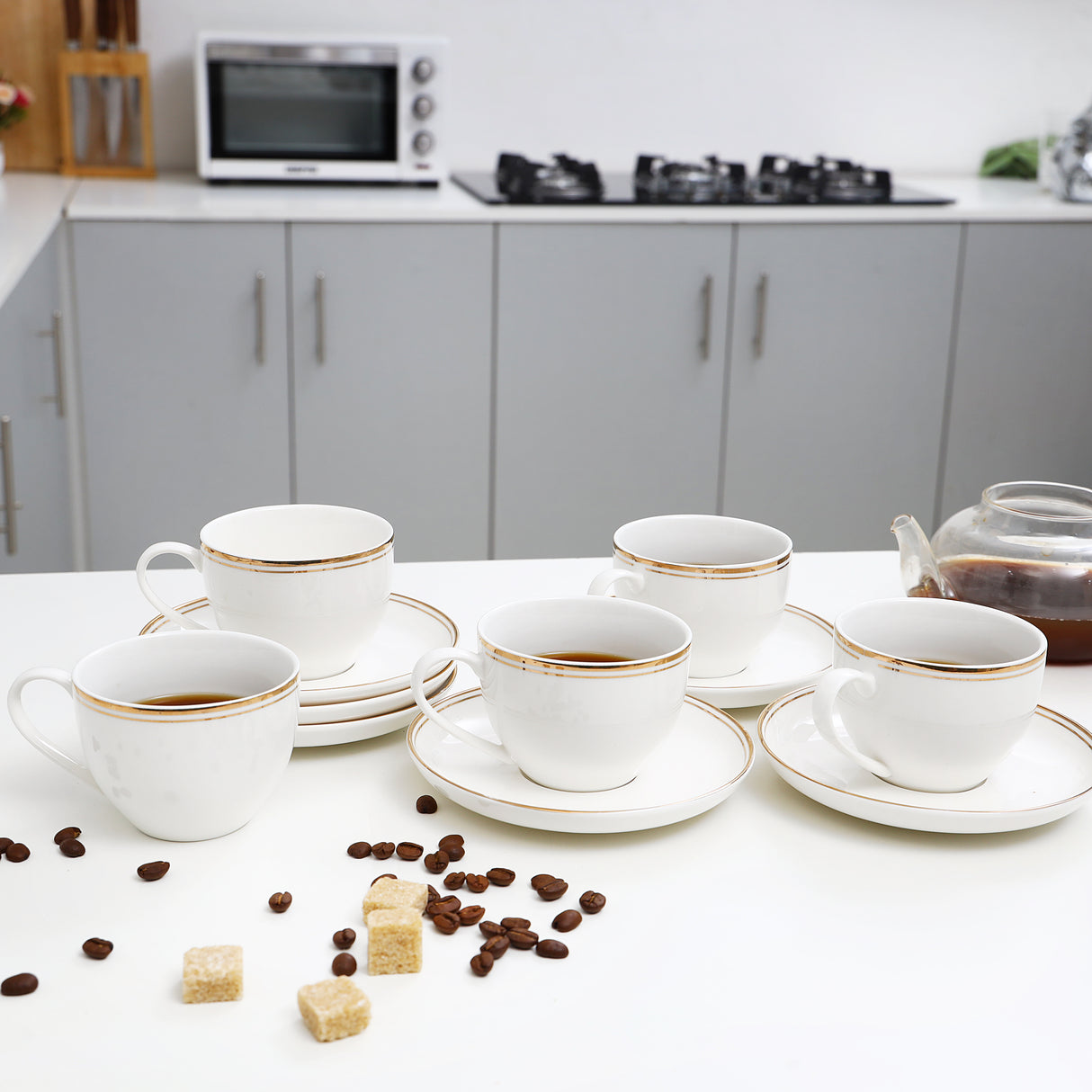 Royalford RF9653 6PCS Bone China Cup & Saucer Set | 220ml Capacity | Pearl White Finish with Elegant Golden Rim |  Durable & extra chip-resistant  Tea & Coffee Cups