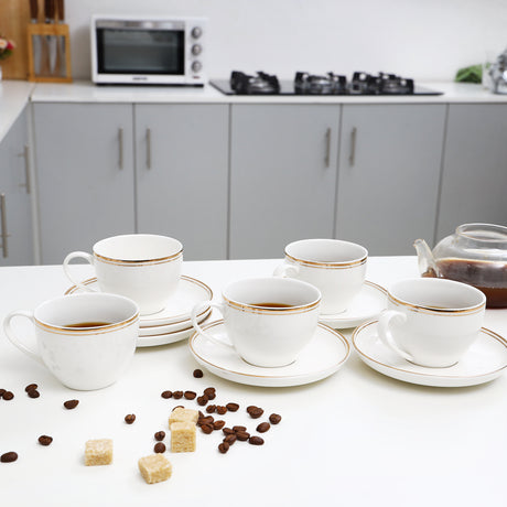 Royalford RF9653 6PCS Bone China Cup & Saucer Set | 220ml Capacity | Pearl White Finish with Elegant Golden Rim |  Durable & extra chip-resistant  Tea & Coffee Cups
