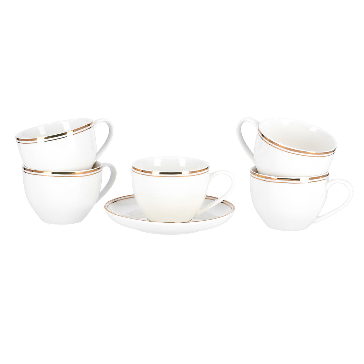 Royalford RF9653 6PCS Bone China Cup & Saucer Set | 220ml Capacity | Pearl White Finish with Elegant Golden Rim |  Durable & extra chip-resistant  Tea & Coffee Cups