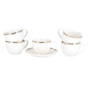 Royalford RF9653 6PCS Bone China Cup & Saucer Set | 220ml Capacity | Pearl White Finish with Elegant Golden Rim |  Durable & extra chip-resistant  Tea & Coffee Cups
