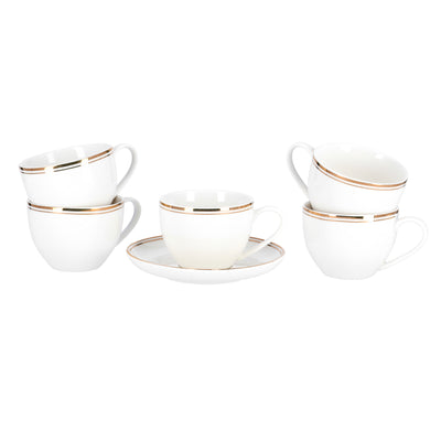 Royalford RF9653 6PCS Bone China Cup & Saucer Set | 220ml Capacity | Pearl White Finish with Elegant Golden Rim |  Durable & extra chip-resistant  Tea & Coffee Cups
