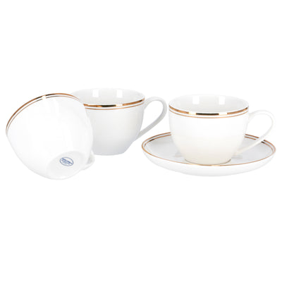 Royalford RF9653 6PCS Bone China Cup & Saucer Set | 220ml Capacity | Pearl White Finish with Elegant Golden Rim |  Durable & extra chip-resistant  Tea & Coffee Cups