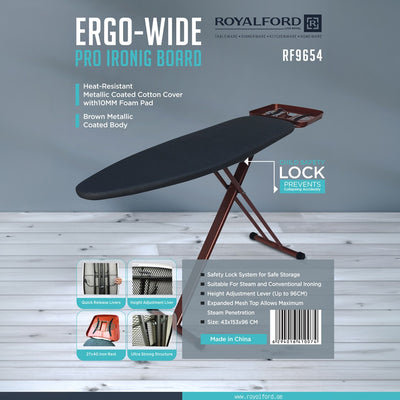 Royalford RF9654 Ergo-Wide Pro Ironing Board | Height Adjustable Design | Steam Iron Compatible Mesh Top | Heat Resistant Cover | Child Safety Lock & Stable Frame X