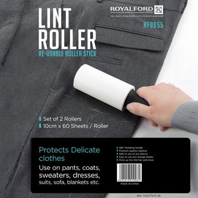 Royalford RF9655 Re-Usable Lint Roller Set of 2 | Washable Adhesive | 360° Rotating Handle| Removes Hair, Pet Hair, Lint & Dust from Clothes, Sofa, Coats &  Blankets