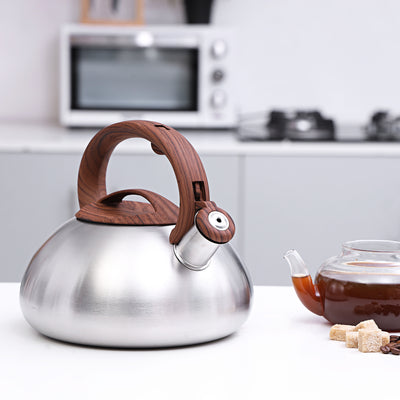 Royalford RF9669 Whistling Kettle 3000ml | High-Quality Stainless Steel Body | Elegant Wood-Finish Heat-Resistant Handle & Lid | Stain Resistant | Dishwasher Safe