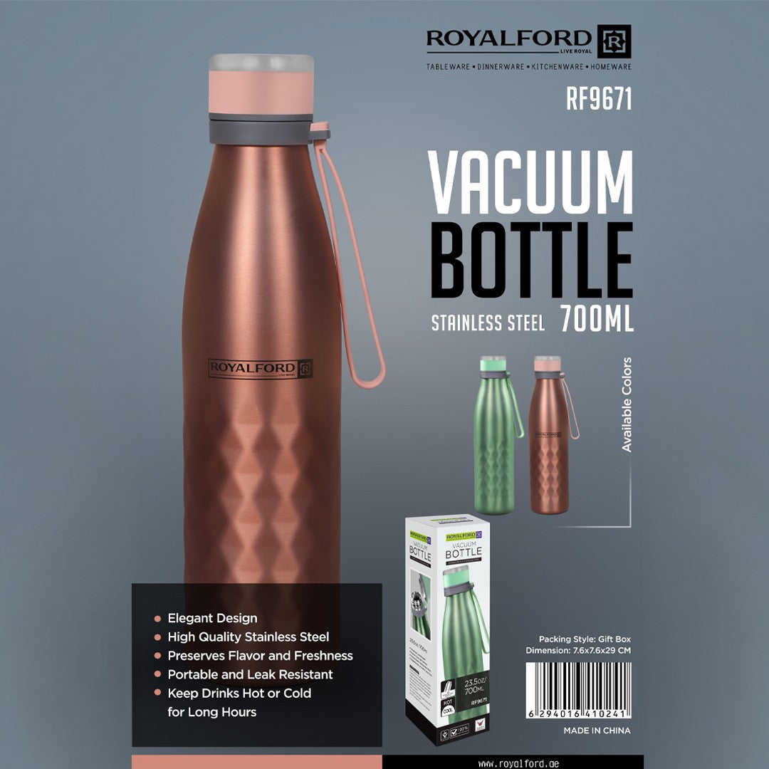 Royalford RF9671 Vacuum Bottle 700ml Stainless Steel | Double Wall Insulated Hot & Cold Water Bottle | Leak Proof Portable Design for Travel & Office & Daily Use