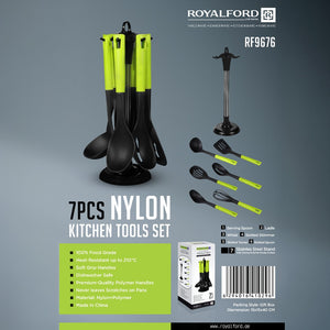 Royalford 7 Pcs Nylon Kitchen Tools Set RF9676 | Heat-Resistant Utensils up to 210°C| Non-Scratch Food-Grade Nylon Tools| Soft Grip Handles| Stainless Steel Stand