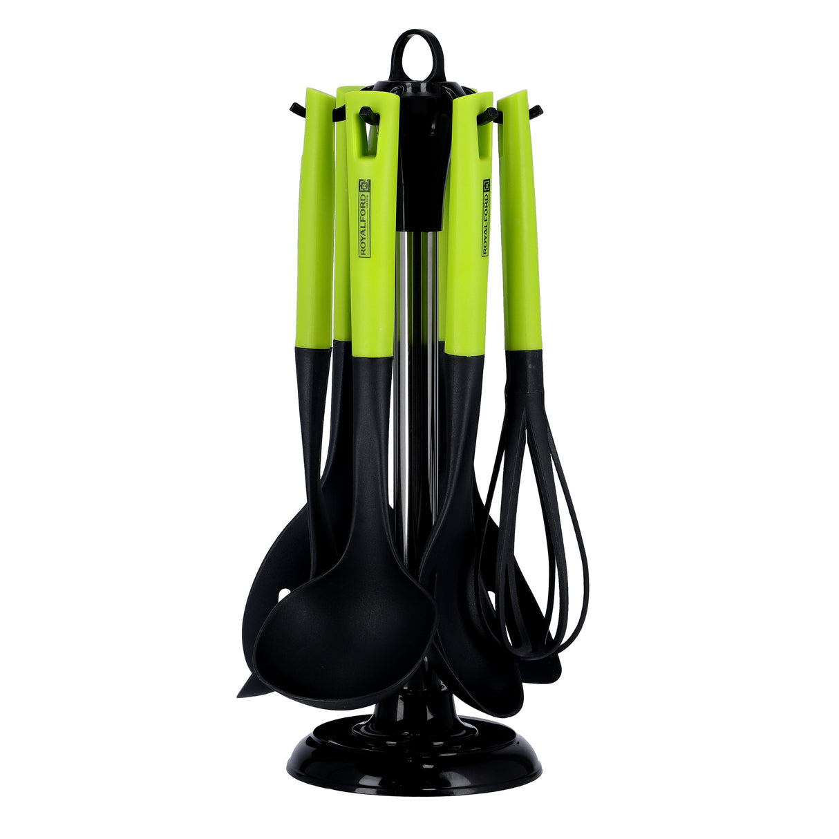 Royalford 7 Pcs Nylon Kitchen Tools Set RF9676 | Heat-Resistant Utensils up to 210°C| Non-Scratch Food-Grade Nylon Tools| Soft Grip Handles| Stainless Steel Stand