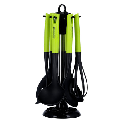 Royalford 7 Pcs Nylon Kitchen Tools Set RF9676 | Heat-Resistant Utensils up to 210°C| Non-Scratch Food-Grade Nylon Tools| Soft Grip Handles| Stainless Steel Stand