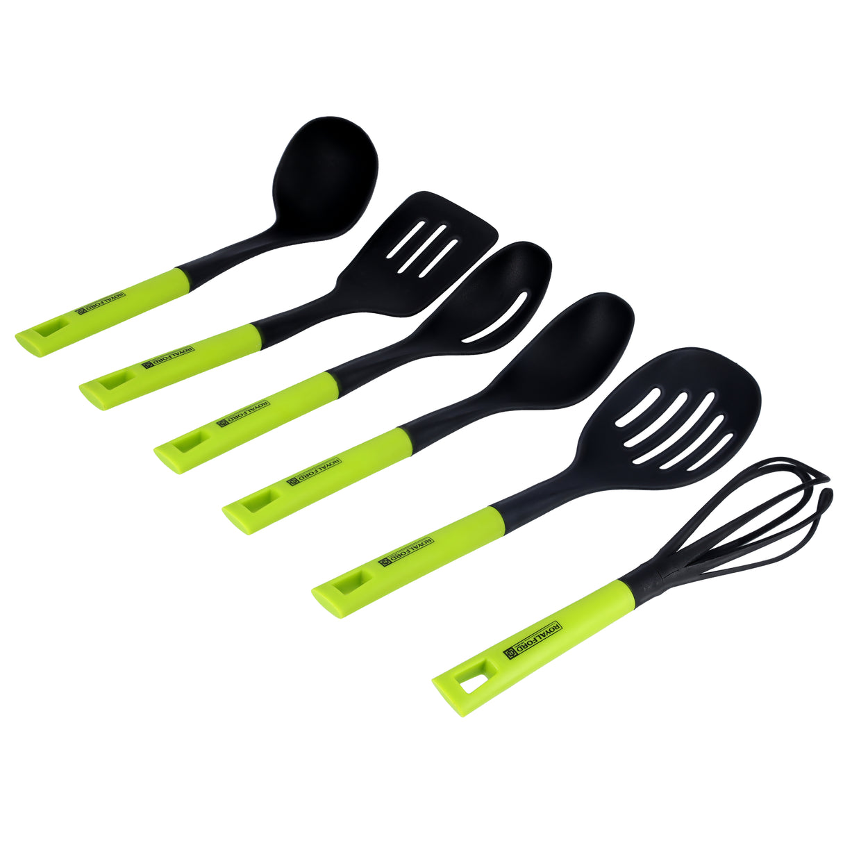 Royalford 7 Pcs Nylon Kitchen Tools Set RF9676 | Heat-Resistant Utensils up to 210°C| Non-Scratch Food-Grade Nylon Tools| Soft Grip Handles| Stainless Steel Stand