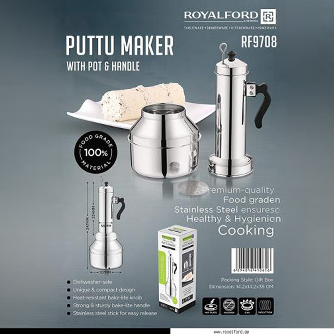 Royalford RF9708 Stainless Steel Puttu Maker with Pot & Handle | 100% Food-Grade Material| Heat-Resistant Bakelite Handle| Hygienic Cooking Design| Compact & Durable