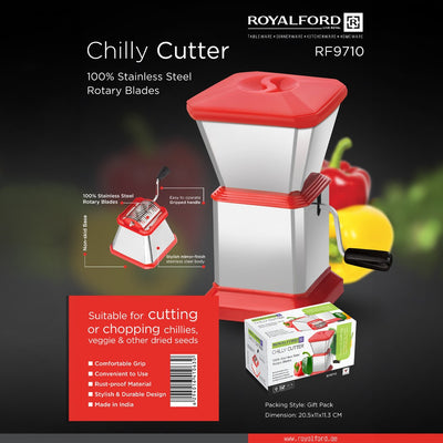 Royalford RF9710 Chilly Cutter | Stainless Steel Rotary Blades for Manual Chilli & Vegetable Cutting | Rust Proof Body | Non-Skid Base | Comfortable Grip Handle Design