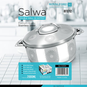Royalford RF9712 2000ml Salwa Double Wall Stainless Steel Hotpot |  Insulated Serving Casserole |  Twist Lock Lid | Extra-Deep Design | Heavy-Duty Rivets | Easy to Clean