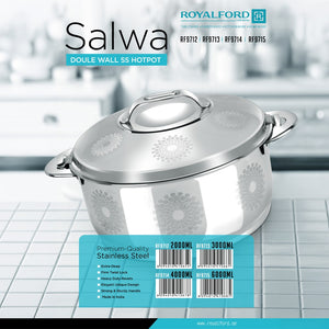 Royalford RF9715 Salwa 6000ML Double Wall Stainless Steel Hot Pot | Firm Twist-Lock Lid | Extra-Deep Design |Premium Stainless Steel Body |Strong & Sturdy Riveted Handles