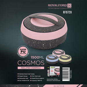 Royalford RF9728 Cosmos Insulated Casserole 1500ML | Stainless Steel Inner | Super PU Insulation | Firm Twist Lock Lid | Elegant Hygienic Design for Hot Food Serving