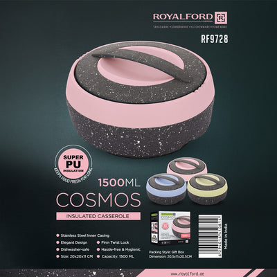 Royalford RF9728 Cosmos Insulated Casserole 1500ML | Stainless Steel Inner | Super PU Insulation | Firm Twist Lock Lid | Elegant Hygienic Design for Hot Food Serving