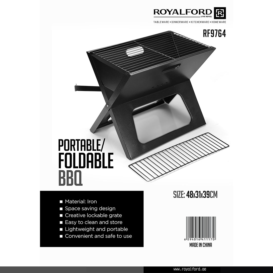 Royalford RF9764 Portable Foldable BBQ Grill | Lockable Grate for Camping & Outdoor Cooking | Lightweight Iron Barbecue | Space-Saving Design | Easy to Clean & Store