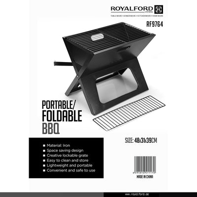 Royalford RF9764 Portable Foldable BBQ Grill | Lockable Grate for Camping & Outdoor Cooking | Lightweight Iron Barbecue | Space-Saving Design | Easy to Clean & Store