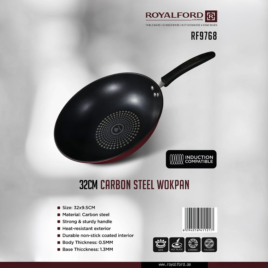 Royalford RF9768 32CM Carbon Steel Wok Pan| Induction Compatible Base| Durable Non-Stick Interior| Heat Resistant Exterior and Strong Ergonomic Handle for Daily Cooking