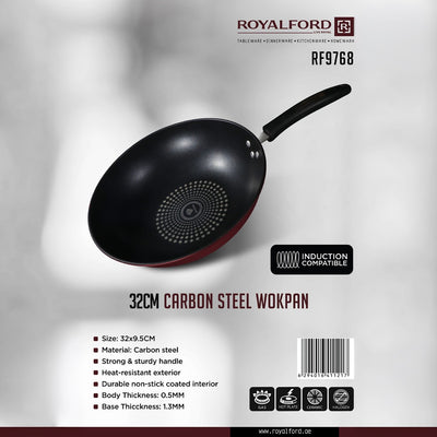 Royalford RF9768 32CM Carbon Steel Wok Pan| Induction Compatible Base| Durable Non-Stick Interior| Heat Resistant Exterior and Strong Ergonomic Handle for Daily Cooking