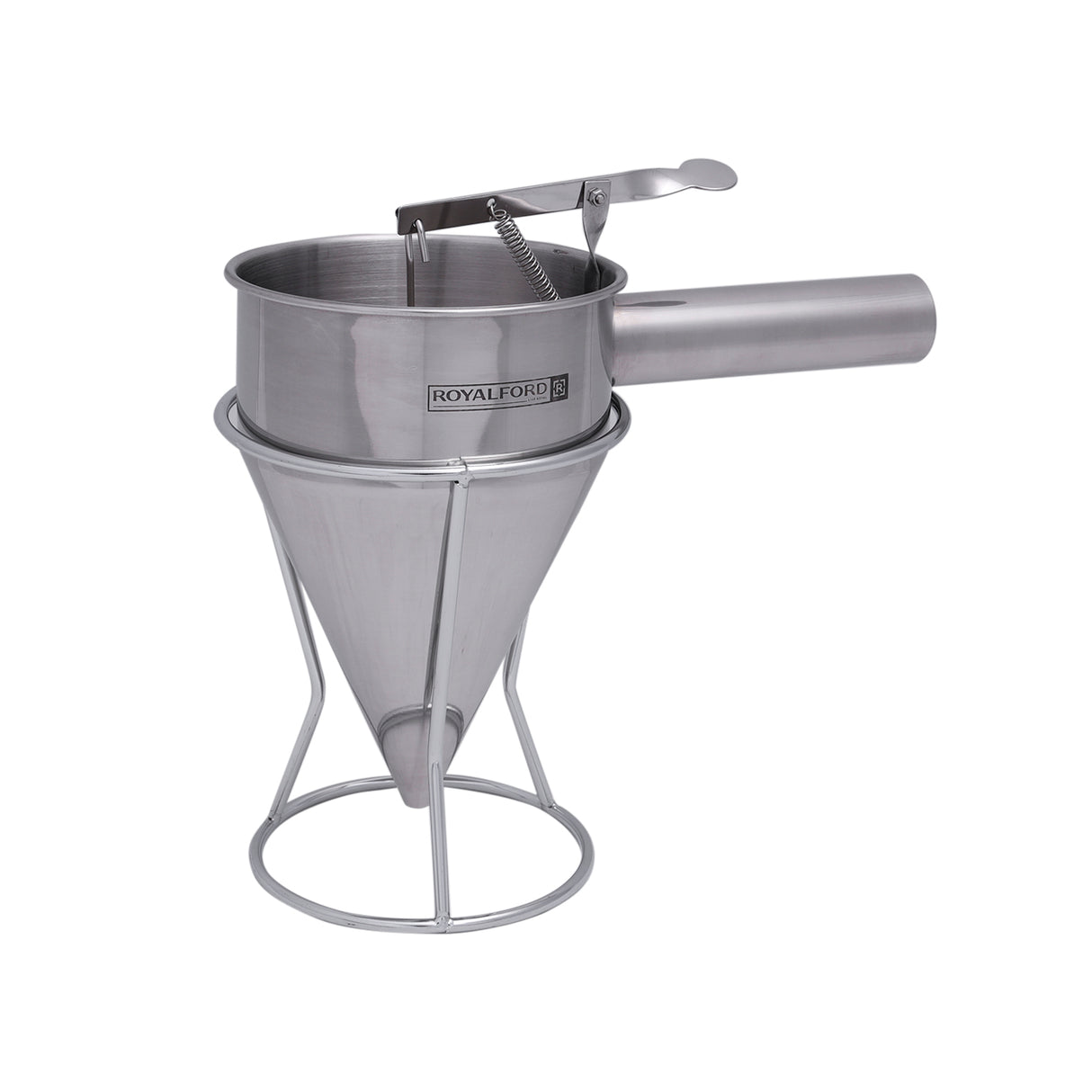 Royalford RF9770 Batter Dispenser - Portable Stainless Steel Body | Pancake Dispenser 1.3L Funnel Dispenser with Rack Supplement | Fill Hollow Chocolate Bodies with Delicacies Like Liqueurs, Jellies & Creams