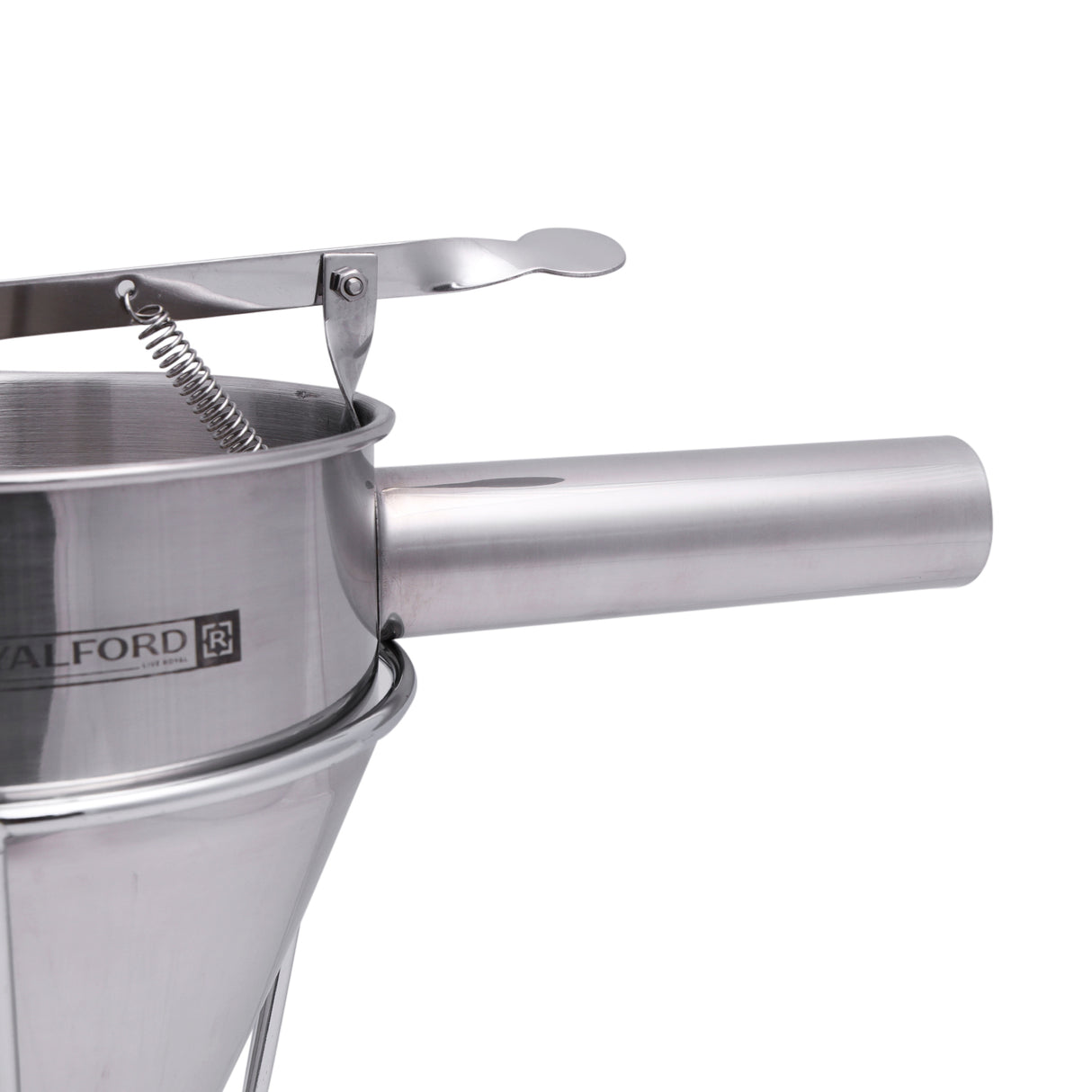 Royalford RF9770 Stainless Steel Batter Dispenser | Premium Spring Valve Funnel | 8mm Funnel Design | Drip-Free Flow Control for Cake, Dosa, Pancake, Waffle Etc