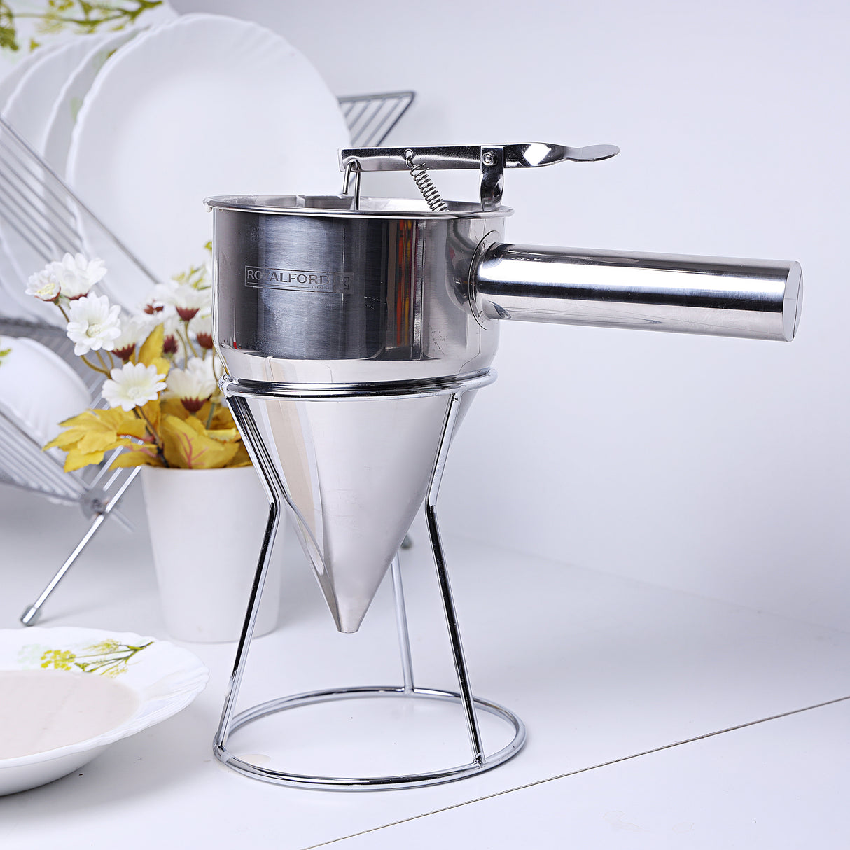 Royalford RF9770 Stainless Steel Batter Dispenser | Premium Spring Valve Funnel | 8mm Funnel Design | Drip-Free Flow Control for Cake, Dosa, Pancake, Waffle Etc
