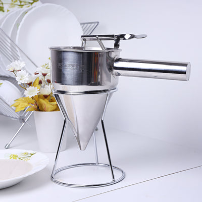 Royalford RF9770 Stainless Steel Batter Dispenser | Premium Spring Valve Funnel | 8mm Funnel Design | Drip-Free Flow Control for Cake, Dosa, Pancake, Waffle Etc