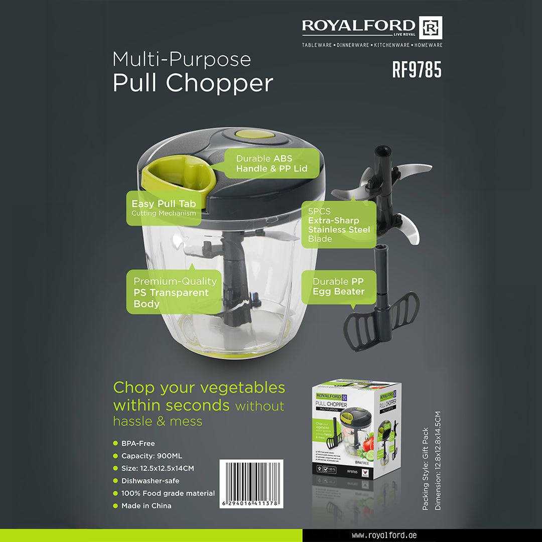 Royalford RF9785 Multi-Purpose Pull Chopper| 900ml Capacity, 5PCS Stainless Steel Blades, Durable ABS Handle & PP Lid, Egg Beater Attachment |Manual BPA-Free Food Chopper