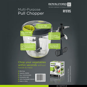 Royalford RF9785 Multi-Purpose Pull Chopper| 900ml Capacity, 5PCS Stainless Steel Blades, Durable ABS Handle & PP Lid, Egg Beater Attachment |Manual BPA-Free Food Chopper