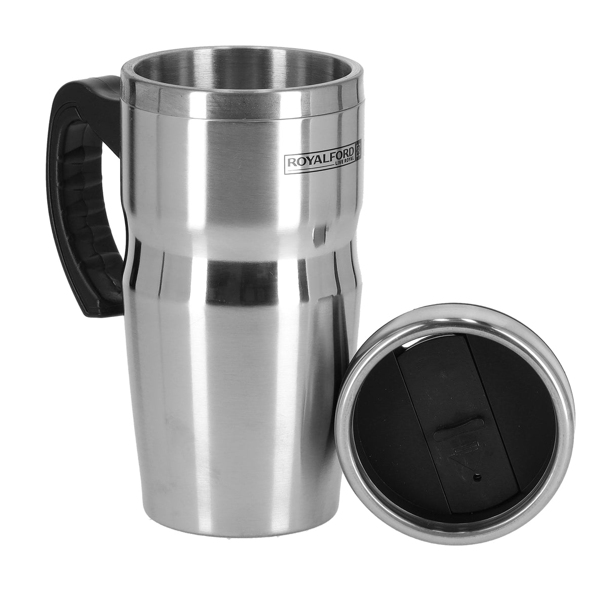 Royalford RF9817 Double Wall Stainless Steel Travel Mug 480ml  | Ergonomic Handle  | BPA Free Insulated Mug for Hot and Cold Beverages, Office, Travel and Daily Use