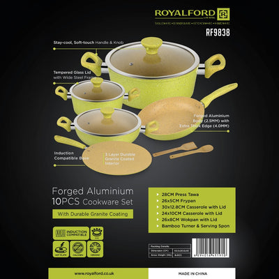 RoyalFord RF9838 10-Piece Forged Aluminium Cookware Set | 3-Layer Granite Non-Stick | Induction Compatible Pots & Pans | Extra-Thick 4.0mm Base | Multi-Hob Compatibility